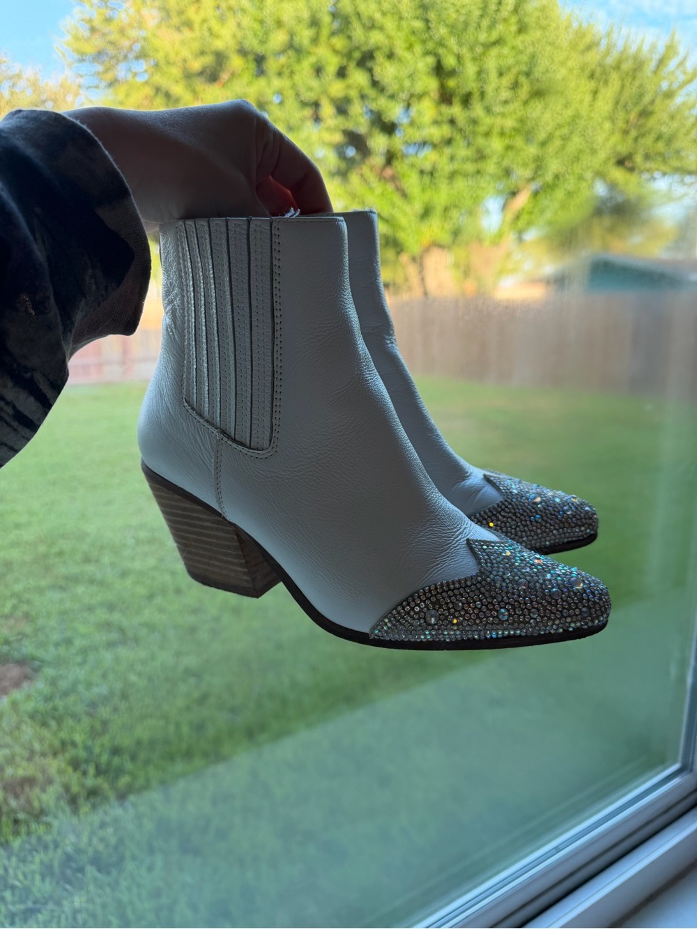 Matisse White Ankle Booties with Crystal-Embellished Toe